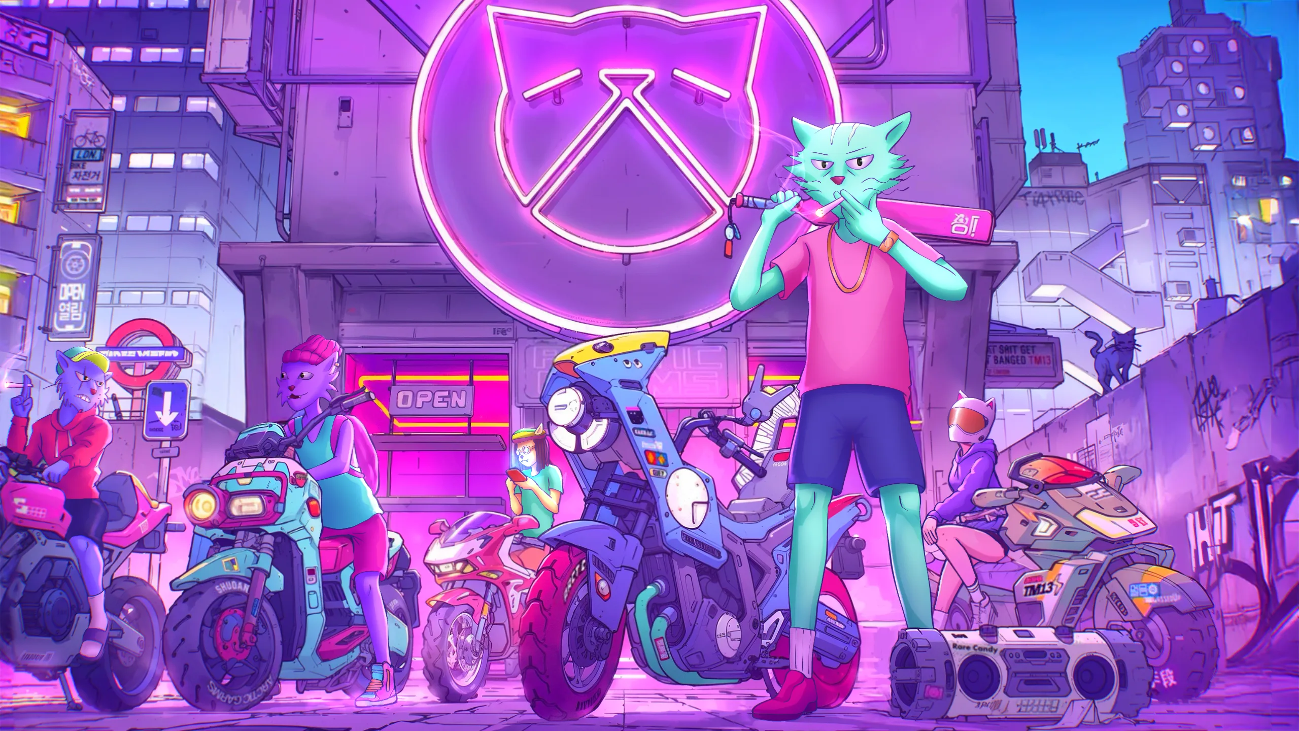 The crew packed into the cat club, neon washing over the dance floor