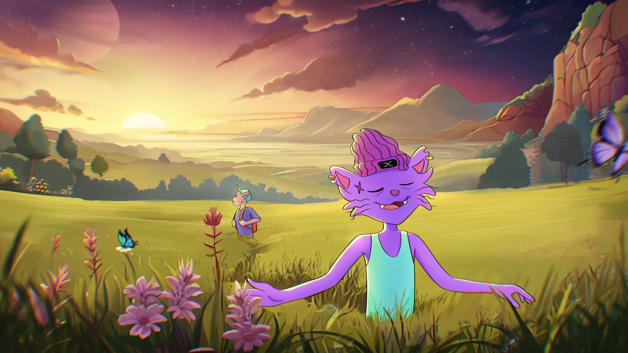 Cats resting in wide open fields under a pastel sky