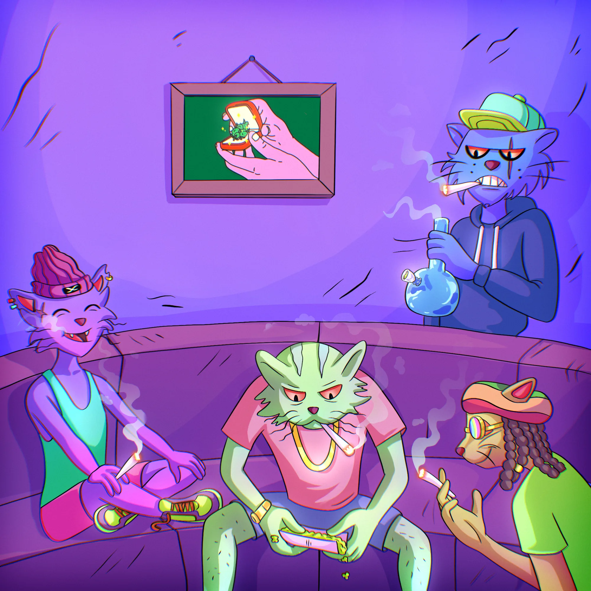 The crew sharing a smoke together under a violet night sky