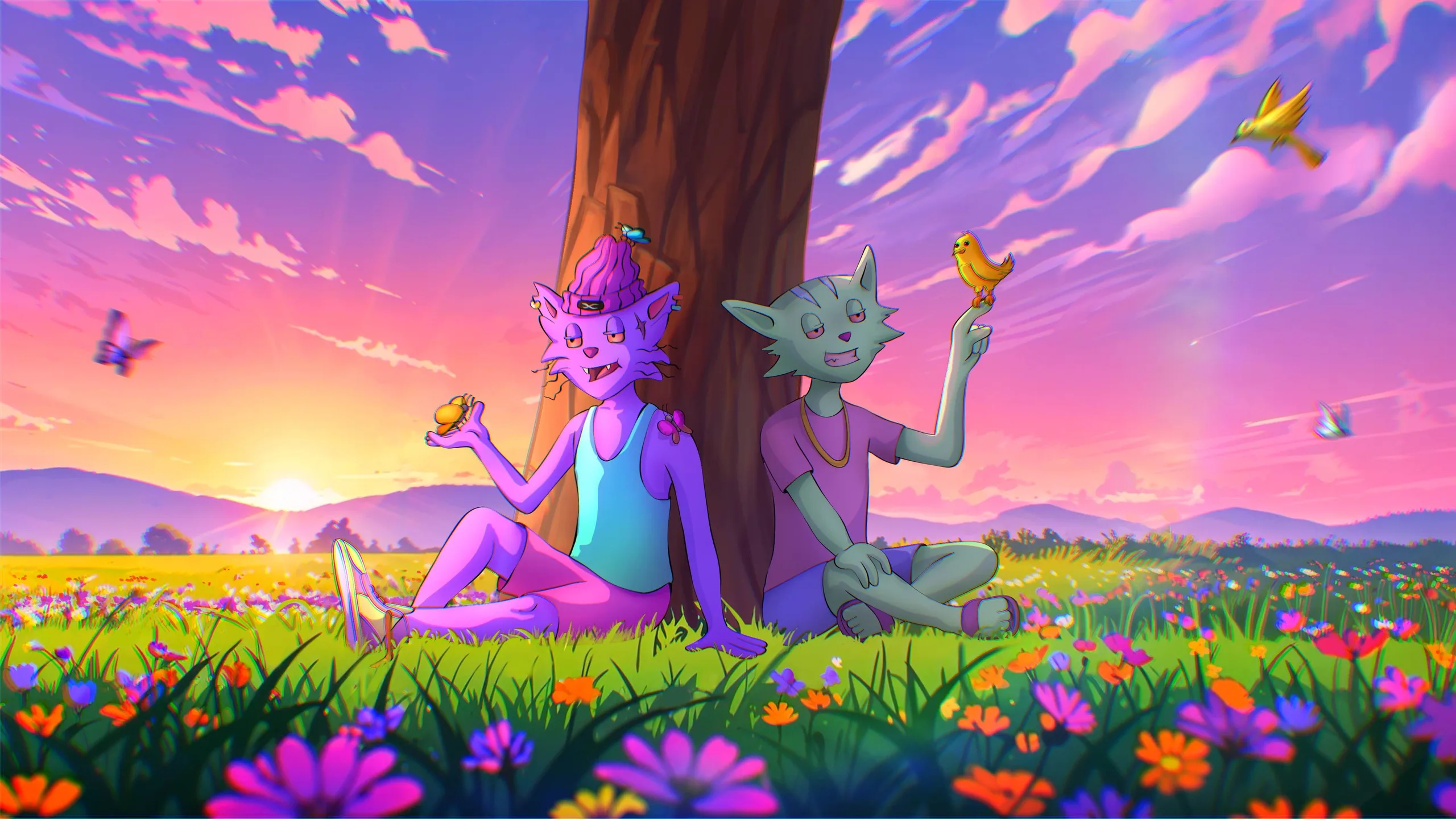 Two cats watching the dusk settle over the hills together