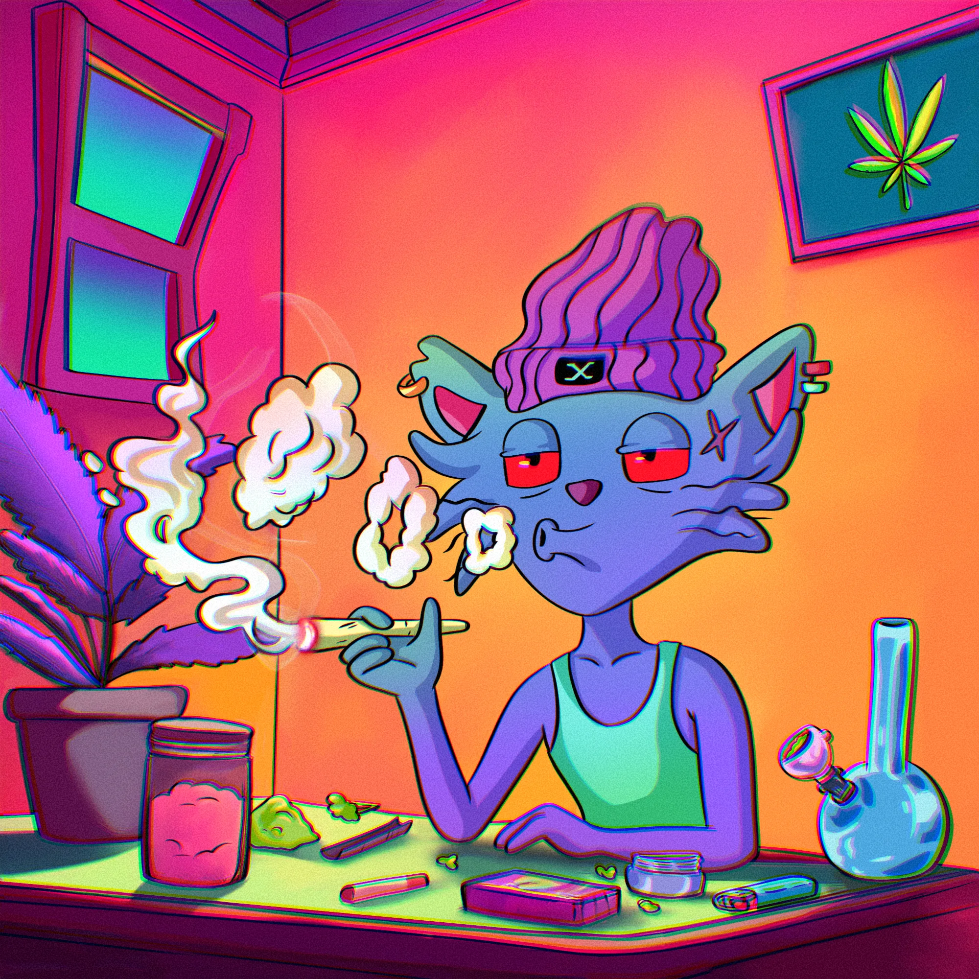 The 420 Cats living room, bathed in purple lamplight with smoke curling over the couch