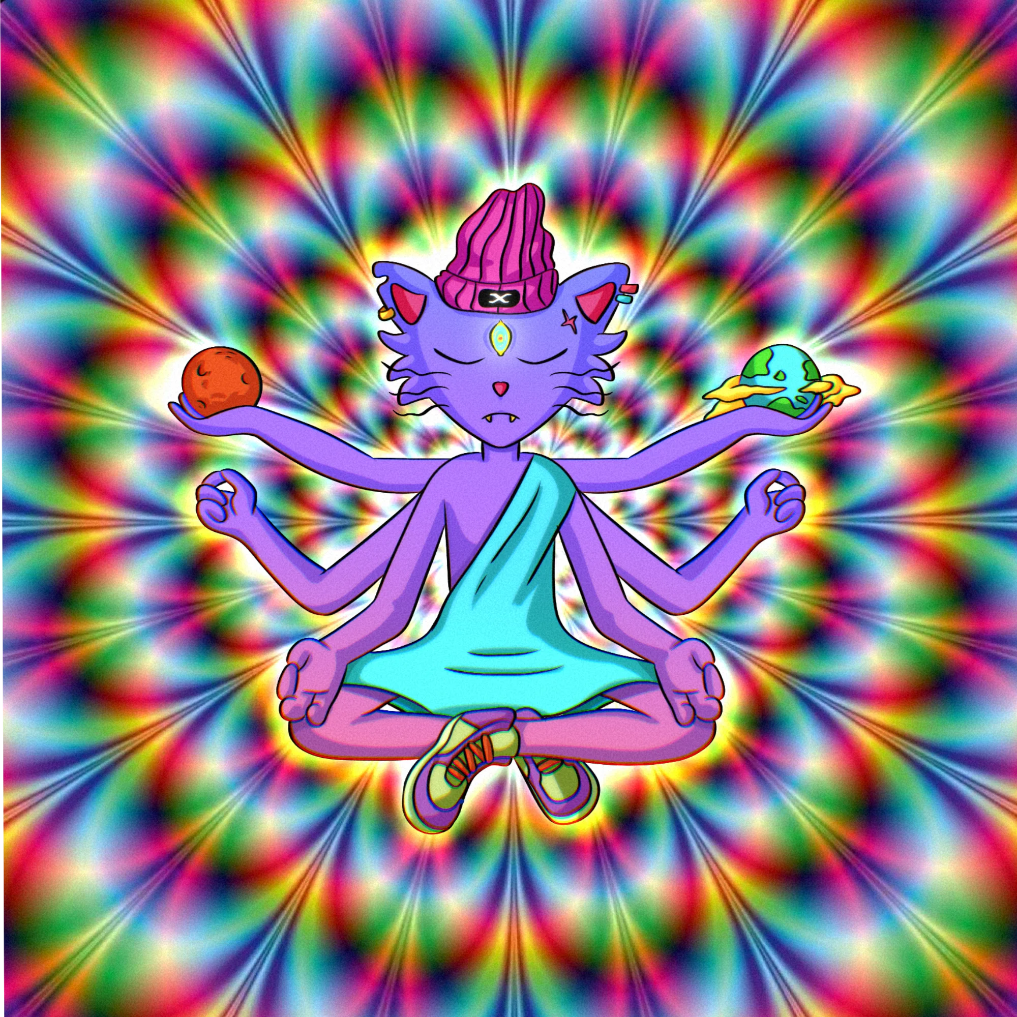 A cat sitting cross-legged in meditation, wrapped in cosmic light