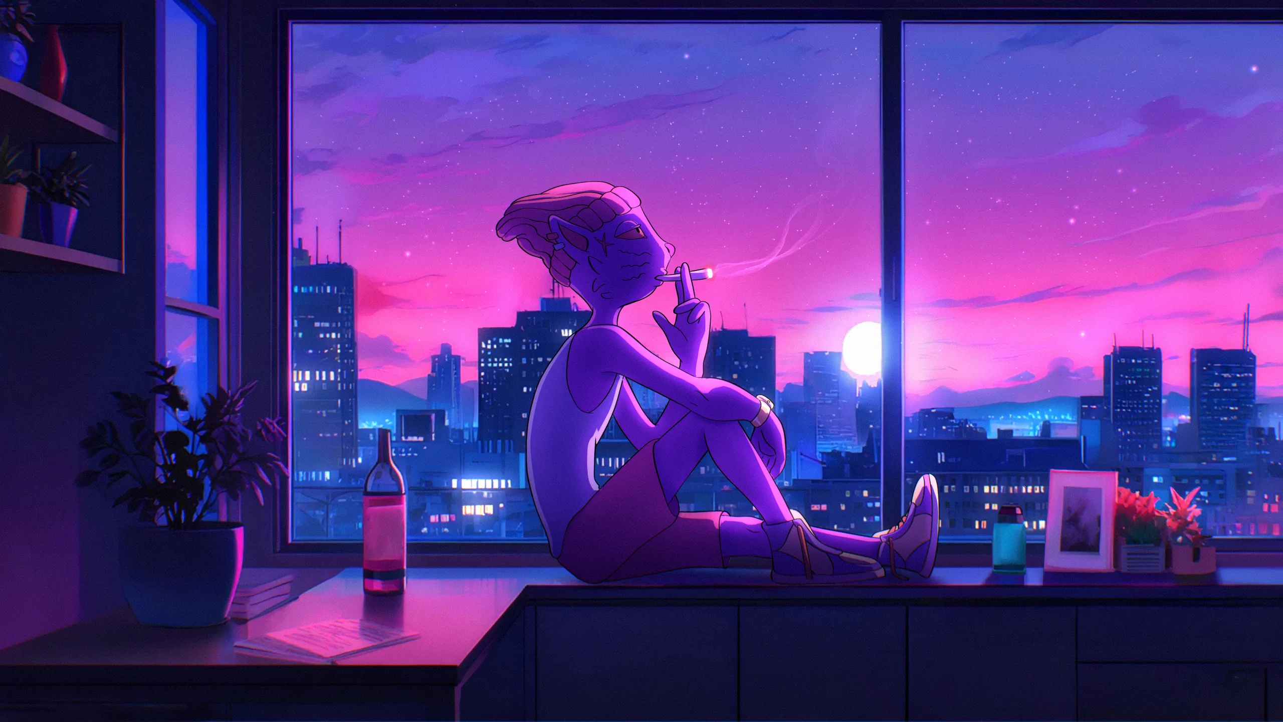 A cat gazing out a high window over a sleeping midnight skyline