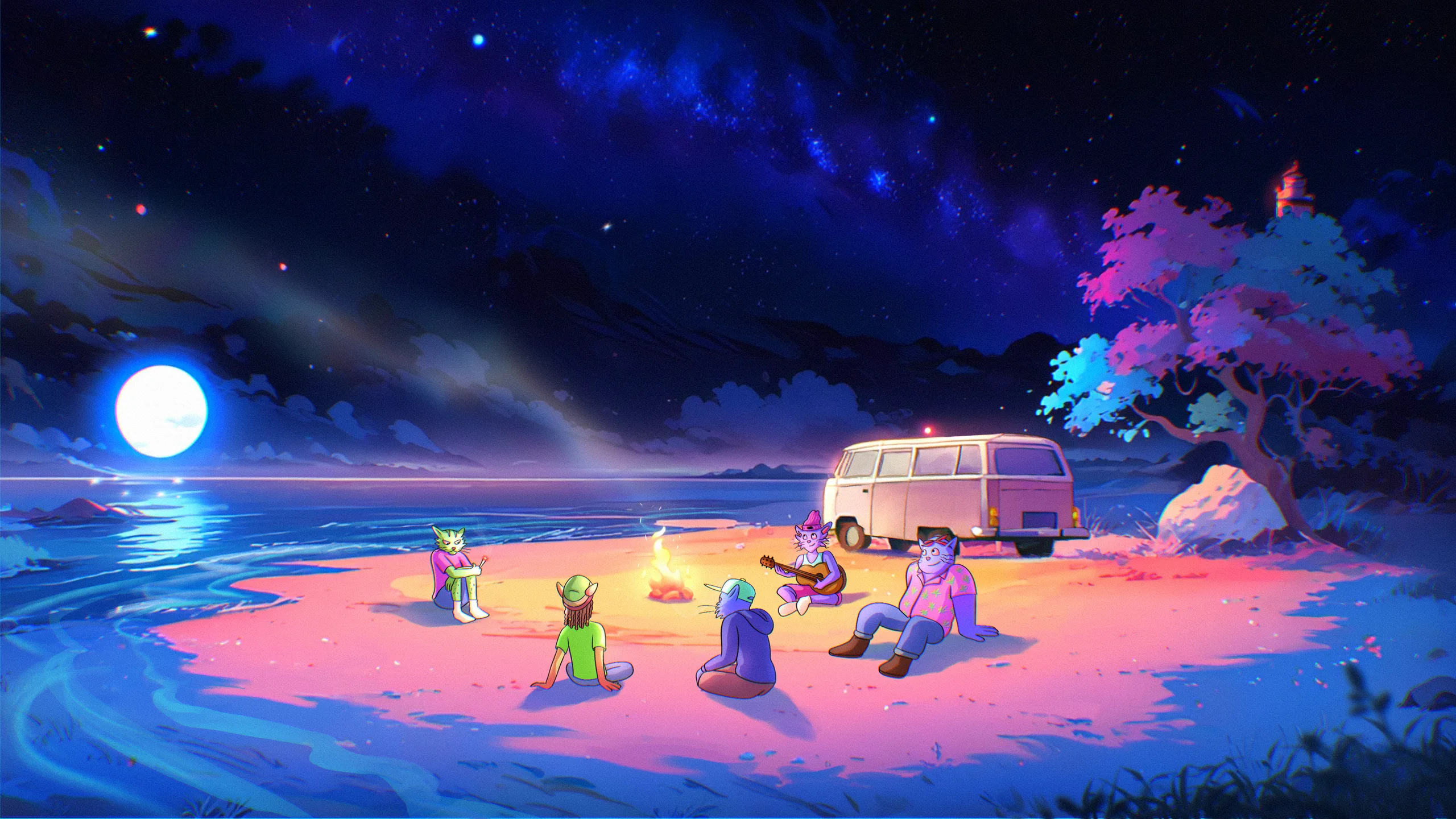 The crew gathered around a crackling campfire under the moon