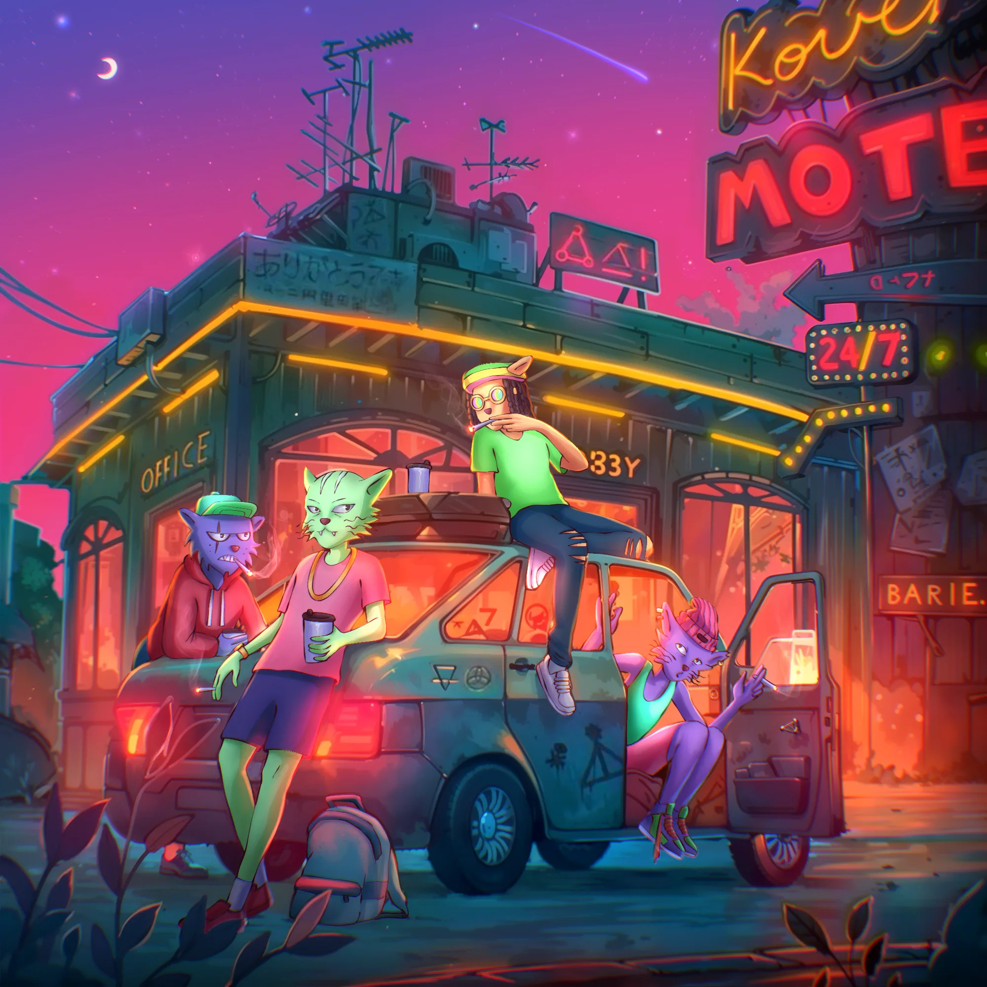 A cat unwinding beneath the buzzing sign of a roadside motel at night
