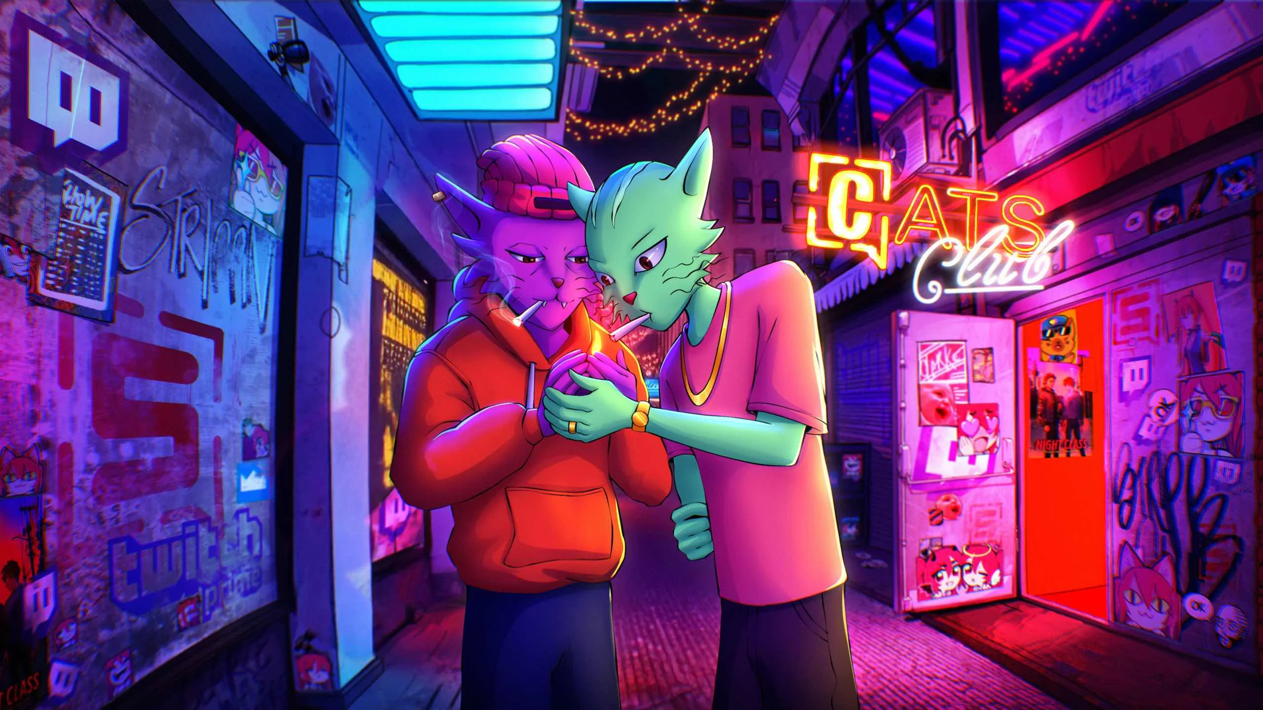 A rain slicked alley glowing pink and cyan with stacked neon signs