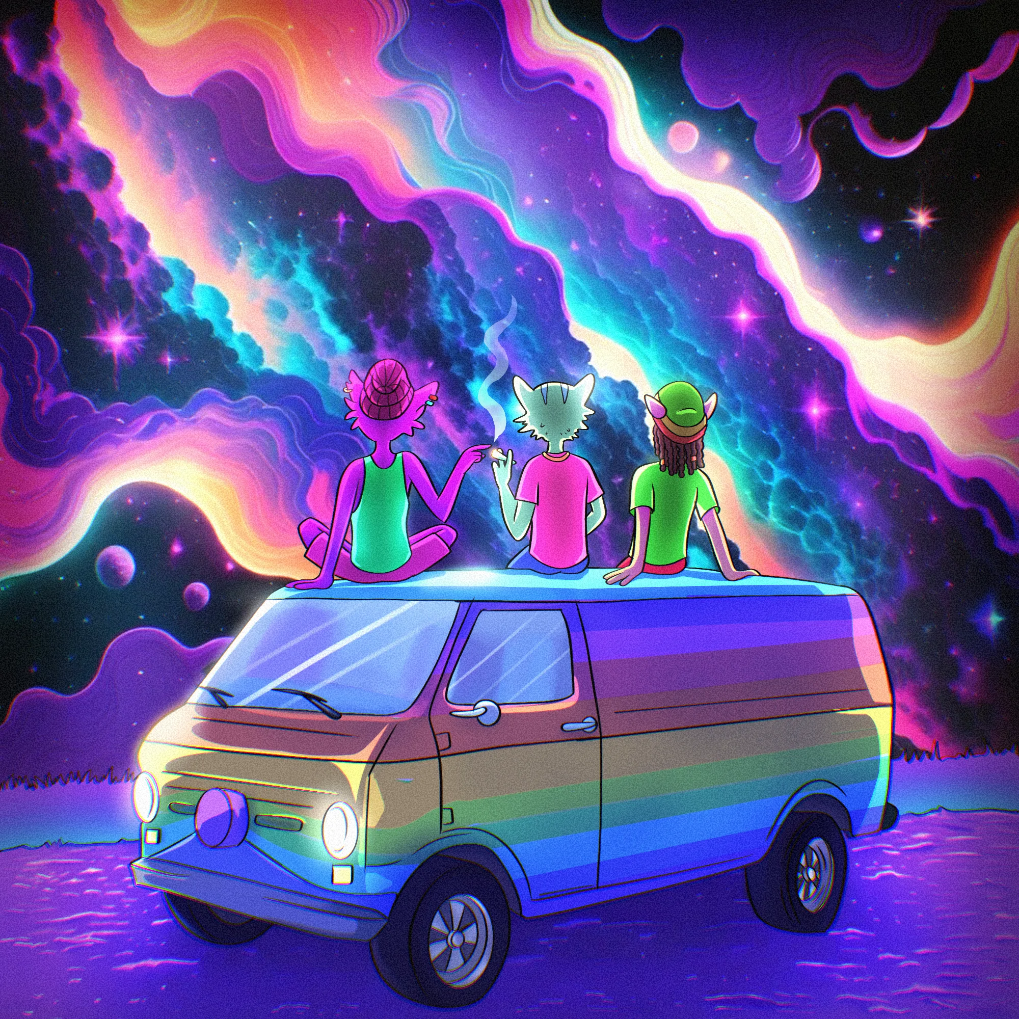 The crew's van rolling out at golden hour with its headlights on