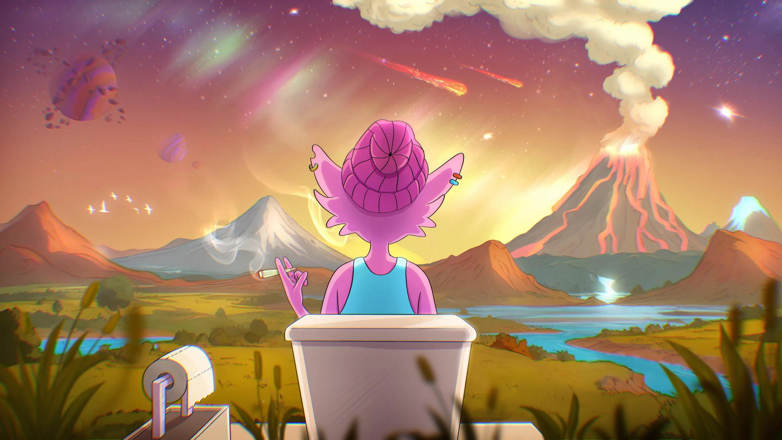 Volcanic Serenity: cats sitting calm and unbothered while a neon volcano erupts behind them